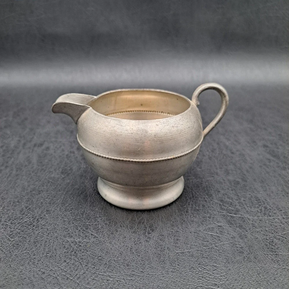 Vintage Genuine Pewter Creamer Pitcher Small Beaded Trim Silver Gray Matt Finish